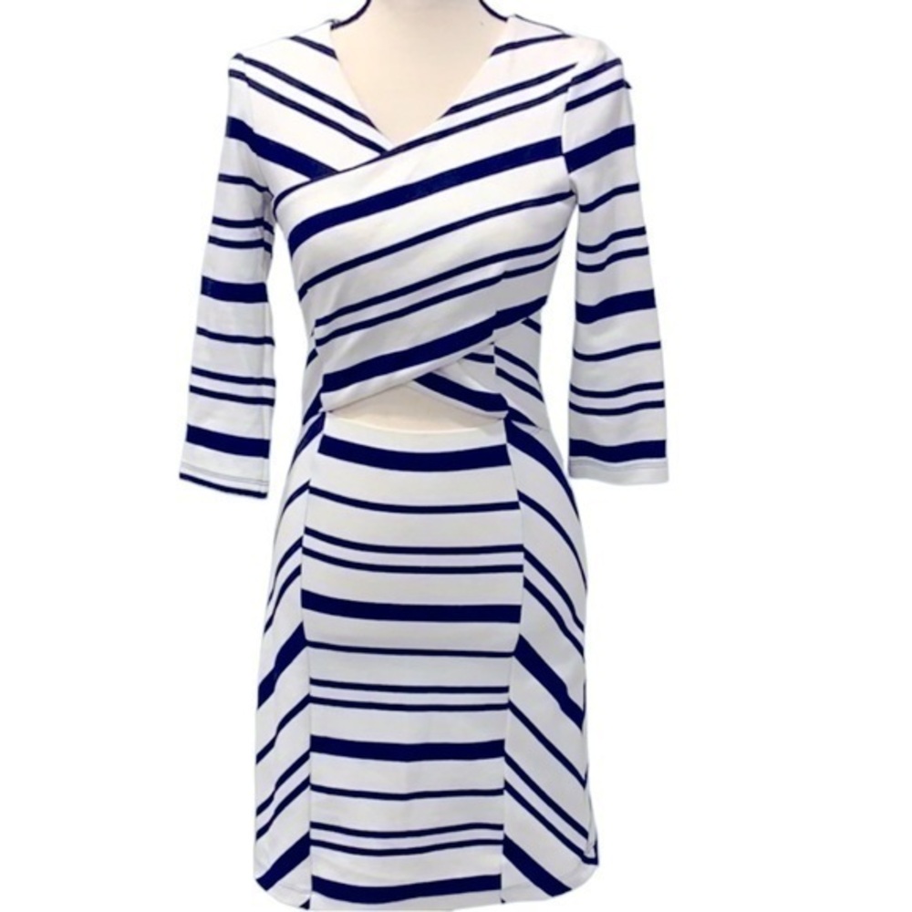 Ella Moss Coastal Navy White Stripe Sheath Dress with Peekaboo Cutout XS EUC